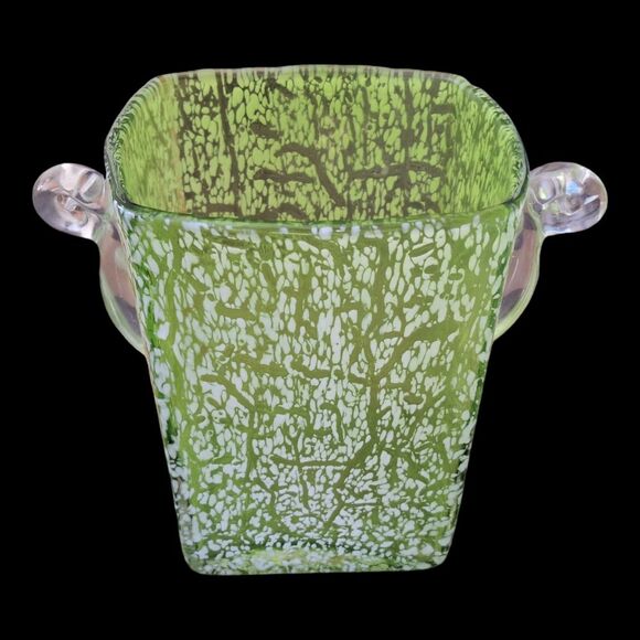 Mid Century Ice Bucket Crackle Art Glass Green Vase Mad Men Barware Vintage - Picture 1 of 10